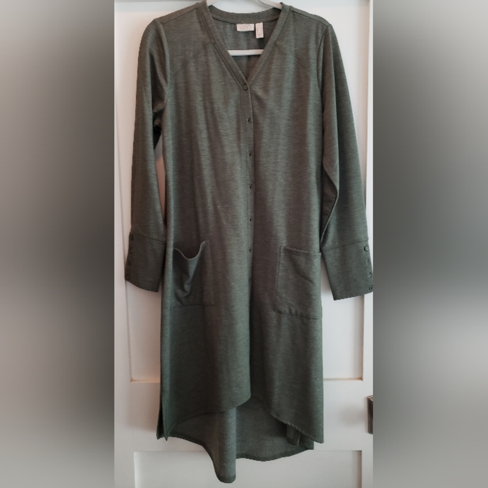 LOGO by Lori Goldstein Olive Long Sleeve Button-Front Tunic Dress
